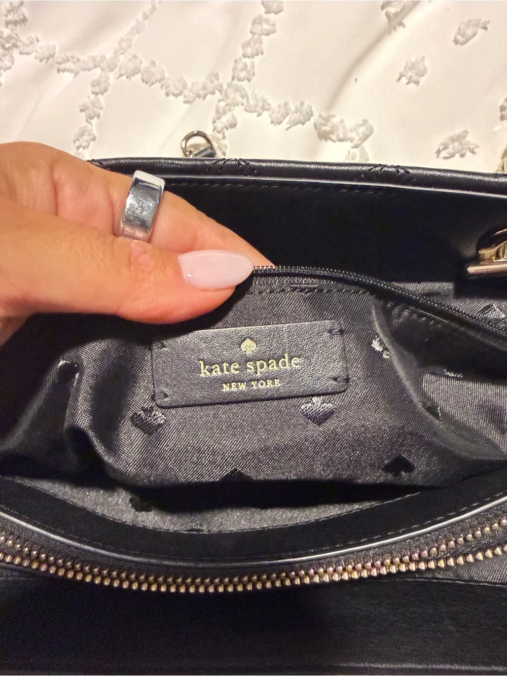 kate spade Black Quilted Leather Tote with Silver Chain Handles